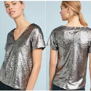Vanessa Virginia anthropologie silver sequin V neck Top Small